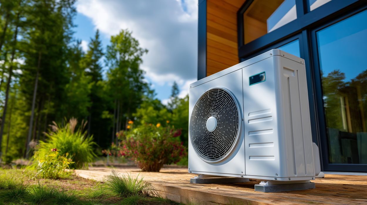 Medium shot of modern heat pump unit installed outside newly built home, sustainable energy use showcase, efficient heating cooling, eco-friendly technology, with copy space See Less