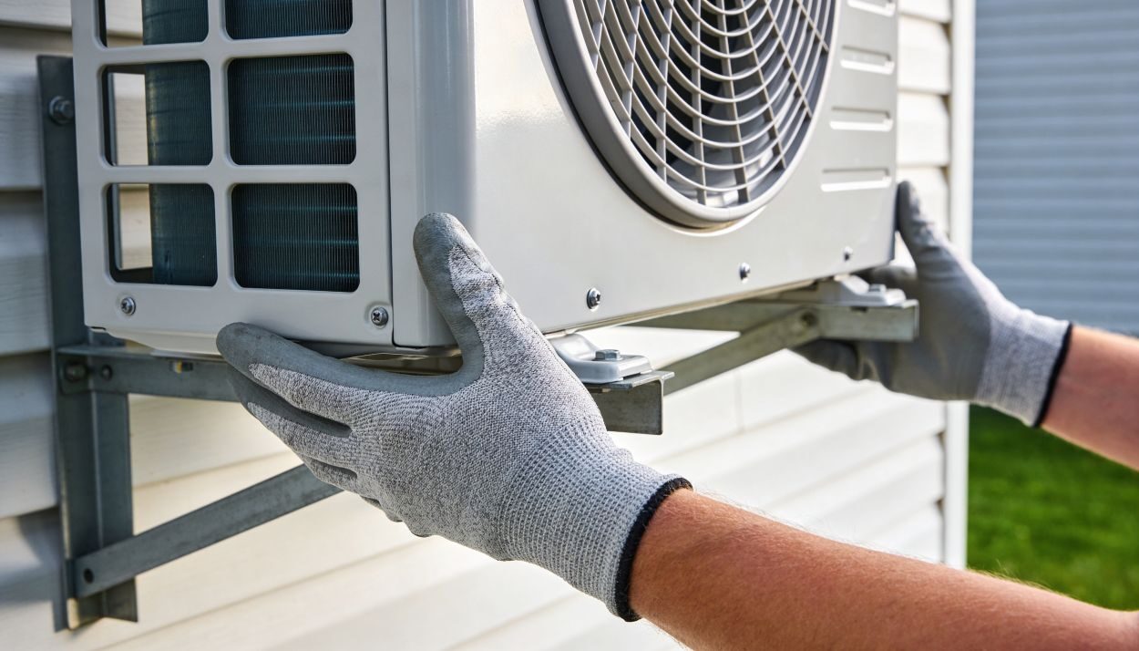 Gloved hands carefully positioning a white outdoor air conditioning condenser unit onto a metal wall bracket.